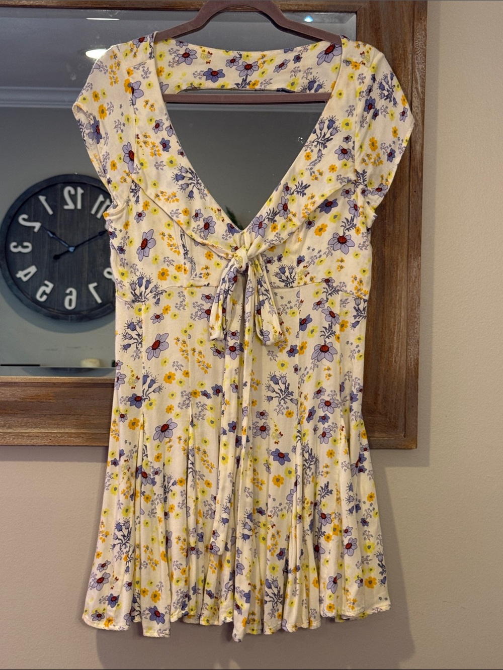 Free People Cream Floral Tie-Front Mini Dress with Yellow & Purple Accents